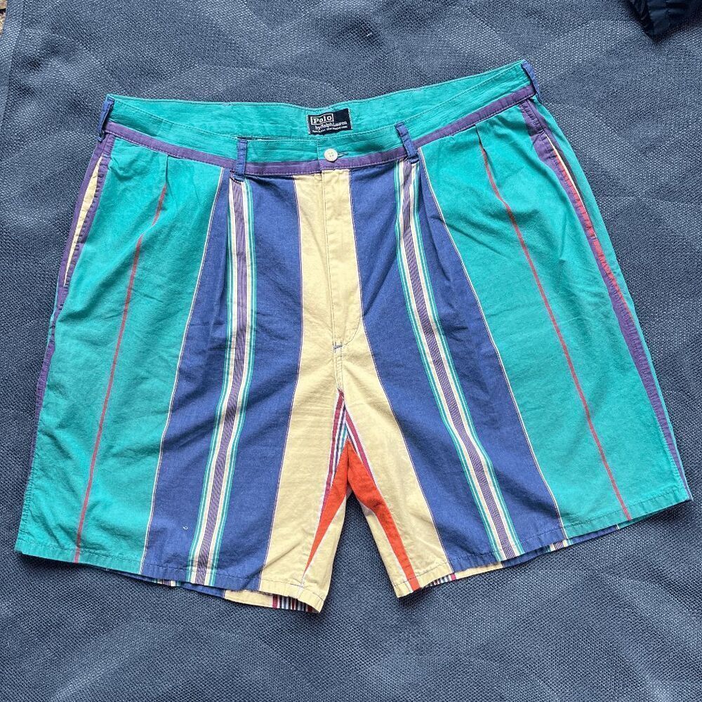 VTG Polo Ralph Lauren Pleated Striped Shorts USA Cotton Prep 90s Sz 40